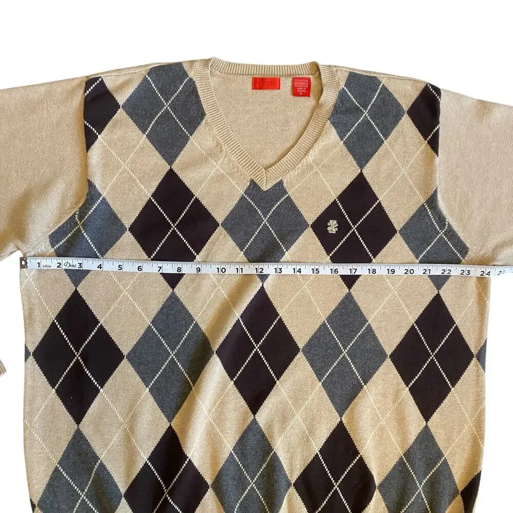 Vintage 90s Y2K Izod Diamond V-Neck Beige Sweater Size XL 100% Cotton Preppy